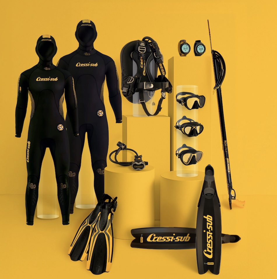 Cressi-sub diving equipment, including wetsuits, masks, and fins for exploring the underwater world.