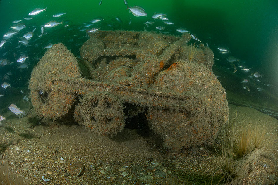 A submarine device covered in algae, inhabited by fish, testifies to ocean exploration.