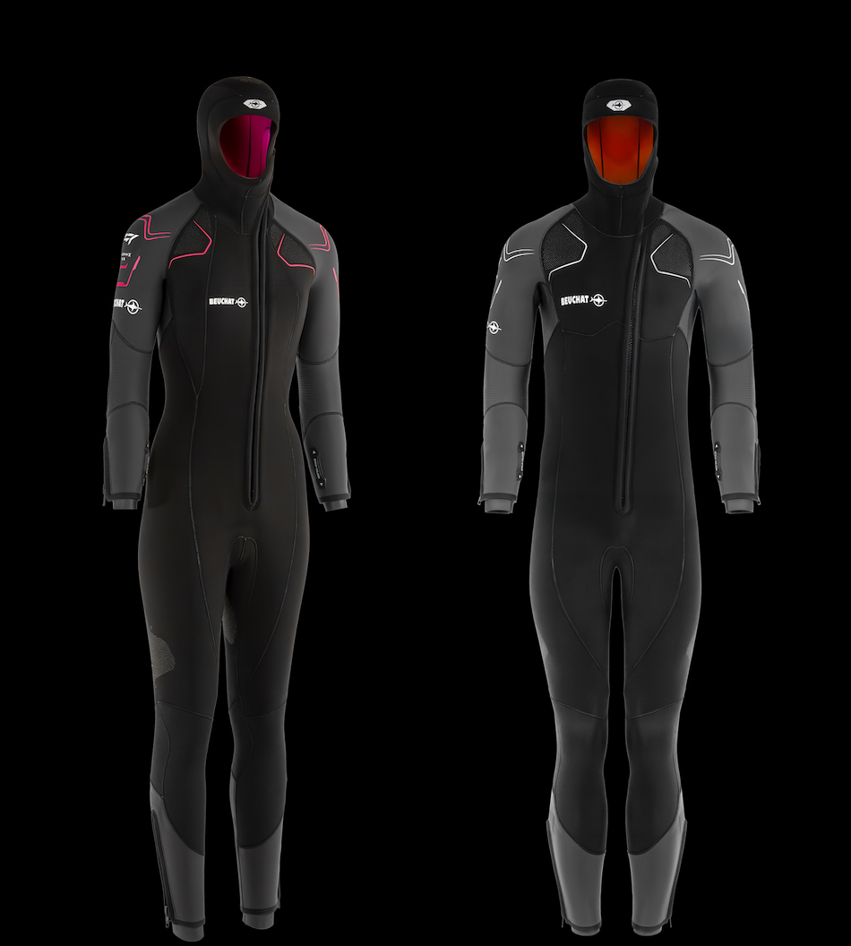 Two modern wetsuits, ideal for exploring underwater wonders safely.