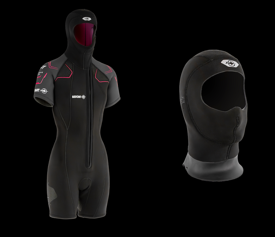 Modern wetsuit with integrated hood, ideal for underwater exploration.