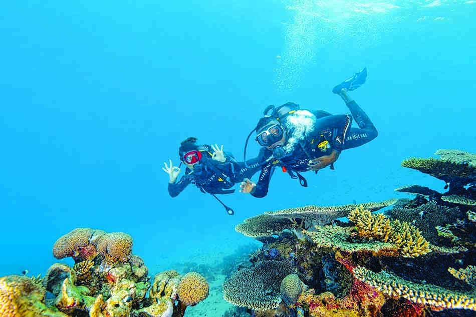 Two divers exploring a coral reef vibrant with marine life in crystal clear waters.